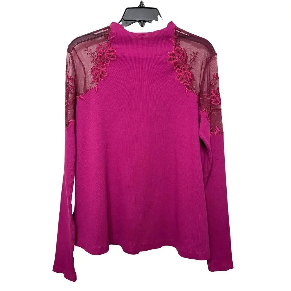 Free People Daniella Ribbed Embroidered Mesh Shoulder Long Sleeve Top in Berry S